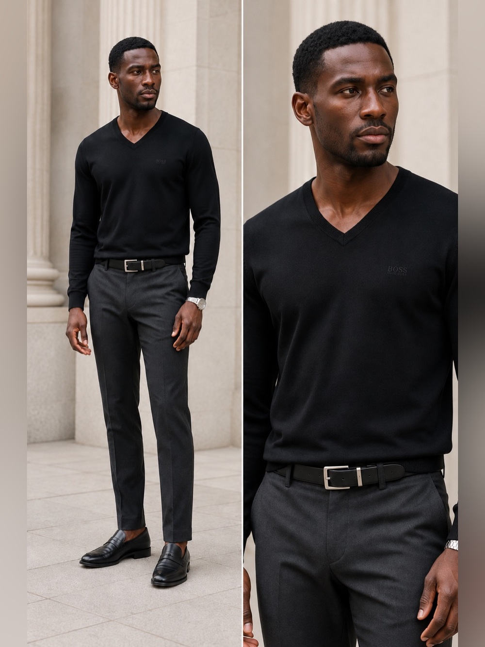 BOSS Hugo Boss Mens S Black Extra Fine Merino Wool V Neck Sweater Pullover